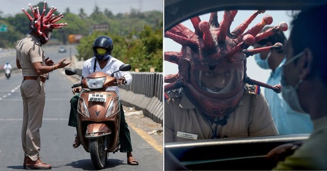 Cảnh sát Ấn Độ đội mũ hình virus corona để dọa người dân về nhà, kết quả  không ai ngờ