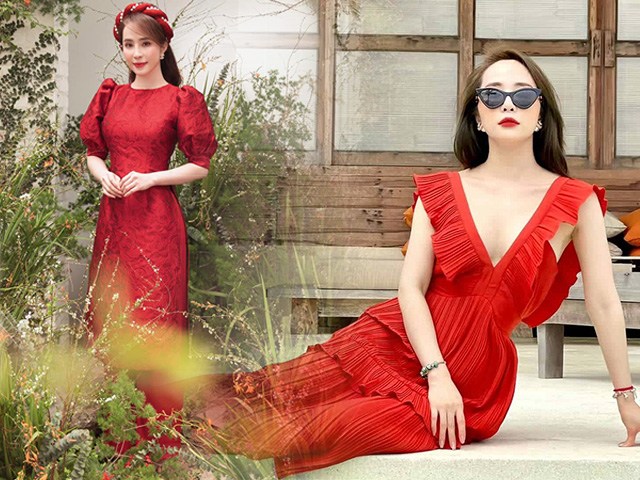 Quỳnh Nga suốt mùa Tết chăm diện đồ đỏ rực, có chiếc váy trễ sâu bất tận gây thót tim