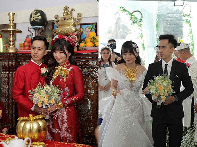 Cô dâu Tiền Giang đeo vàng kín hai tay, nhìn bông hoa trên cổ mà ai cũng choáng ngợp