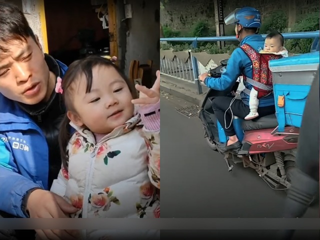 Ayah membuat pengirim untuk putrinya yang berusia 6 bulan untuk pergi ke kotak untuk mengirimkan barang - 4