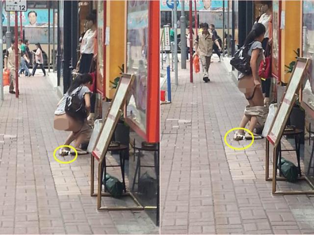 Người phụ nữ cởi quần phóng uế trên vỉa hè giữa ban ngày, xong việc hồn nhiên bỏ đi