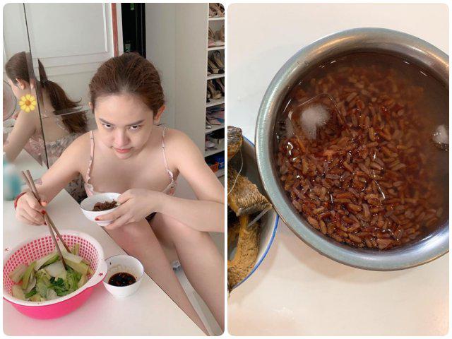 Thuý Vi cau có, gồng mình ăn gạo lứt chan nước lã sau khi hút mỡ bụng tốn trăm triệu