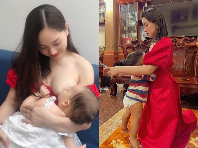 Sao Việt khoe ảnh cho con bú: Hòa Minzy mẹ quỳ con kiễng, Oanh Yến kéo áo trong thang máy