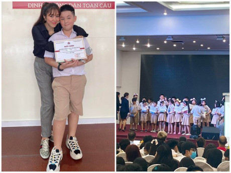 Con trai Lê Phương nhận giấy khen xuất sắc ở trường, ba dượng hộ tống và chụp ảnh kỉ niệm