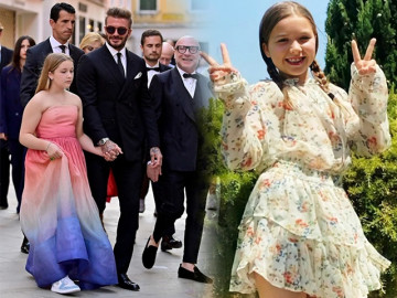 Harper Beckham đi tiệc cùng bố mặc váy quây người lớn, khoe bắp tay nần nẫn đáng yêu