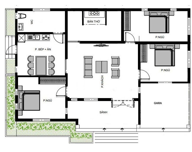 Nhà cấp 4 mái thái 4 phòng ngủ (11x11) - Mẫu nhà đẹp online
