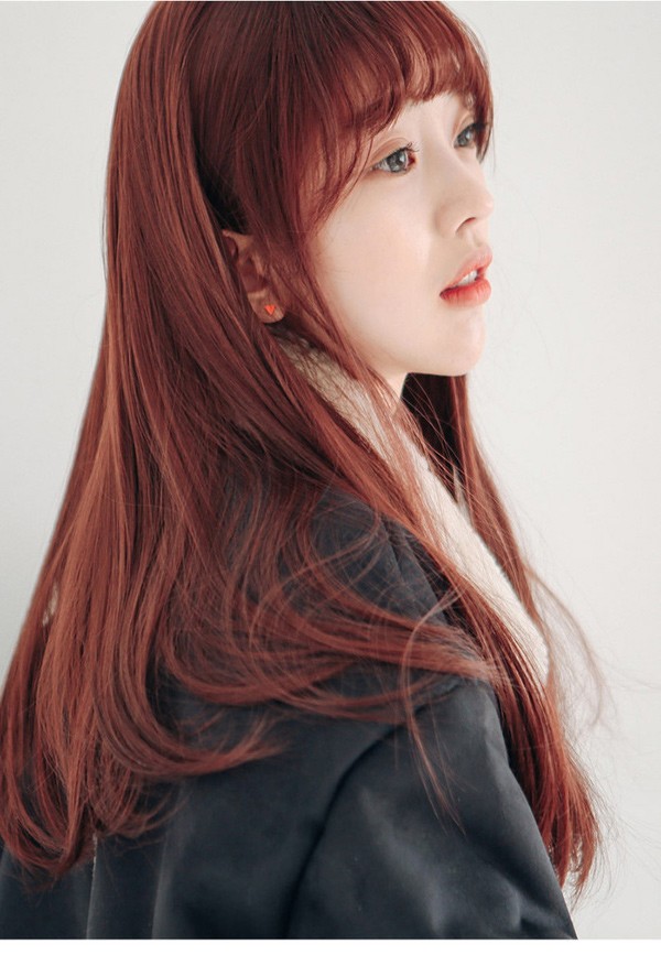 Bộ tóc giả nữ Hàn Quốc dài thẳng nguyên đầu màu đỏ đô  tặng kèm