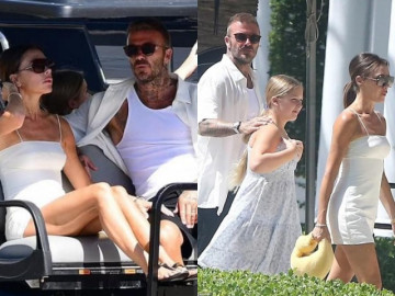 Lâu lắm Victoria mới khoe chân nuột nà bên Beckham nhưng Harper mới gây sốt khi đi cùng mẹ