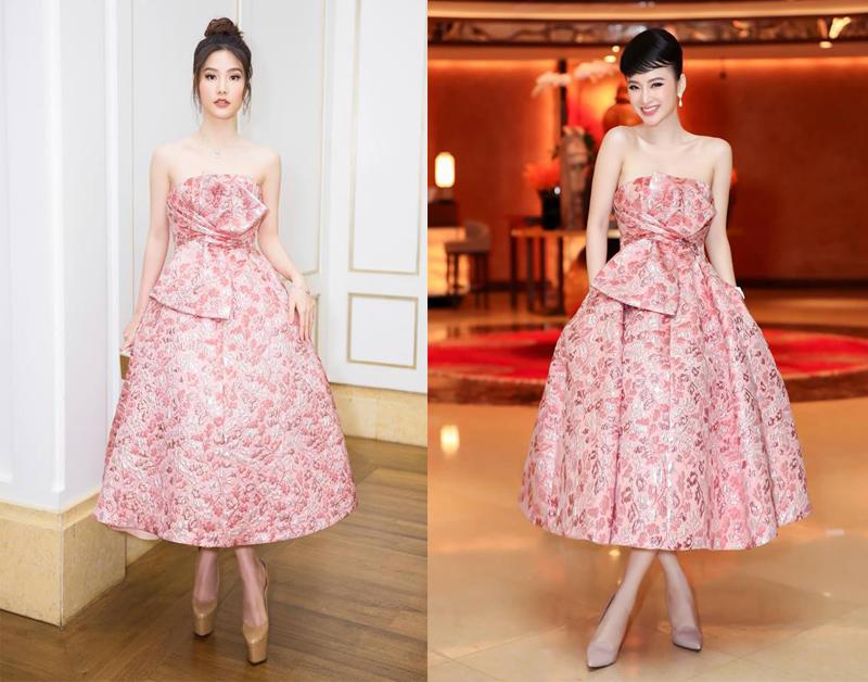 Diễm My 9X và Angela Phương Trinh, thực sự bất phân thắng bại với thiết kế tông màu hồng ngọt ngào của NTK Đỗ Mạnh Cường. Được biết chiếc váy này có giá lên đến 90 triệu đồng. 
