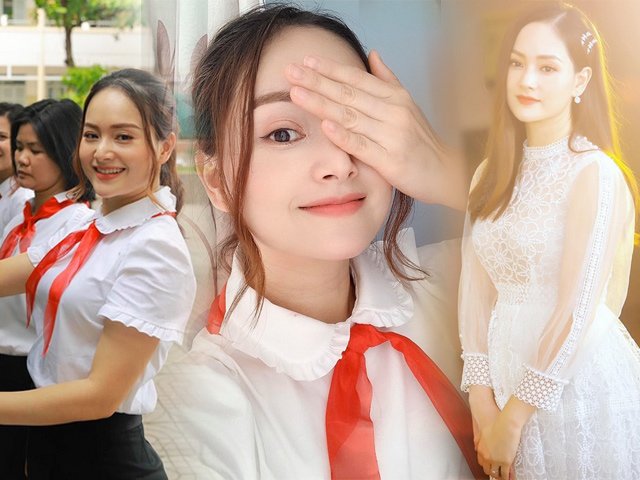 Diện sơ mi trắng, đeo khăn quàng đỏ, Lan Phương trông chẳng giống mẹ một con chút nào