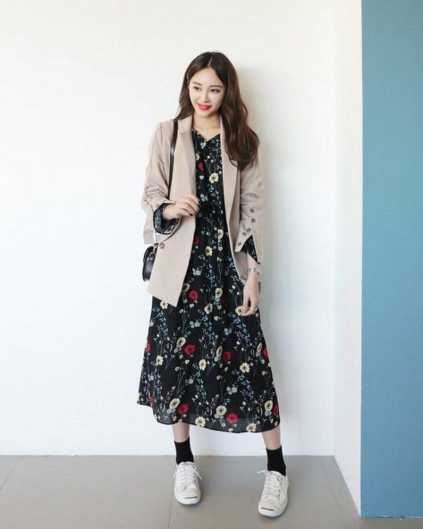 Set váy phối áo khoác nữ kaki Hàn Quốc LUL016 Hồng