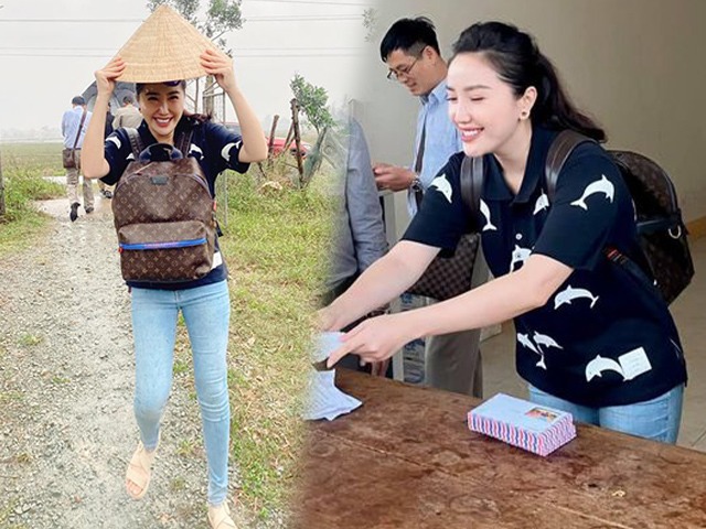 Đi từ thiện kiểu vợ đại gia, Bảo Thy đầu đội nón lá còn ba lô sương sương 60 triệu