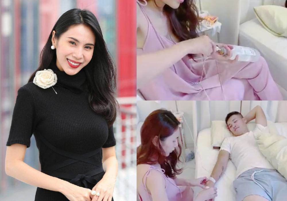 Netizens discuss clip of Thuy Tien transmitting herself seawater to Cong Vinh at home - 3