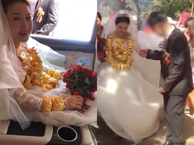 Cô dâu suýt vẹo cổ vì đeo 60 chiếc vòng vàng, người bên cạnh lo lắng: Vai đau lắm không?