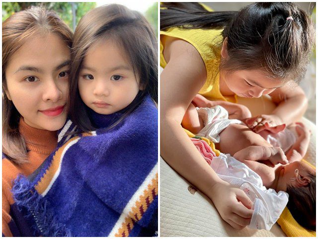 Con gái xinh đẹp của Vân Trang ra dáng làm chị khi chăm em sinh đôi, nhìn tay là biết