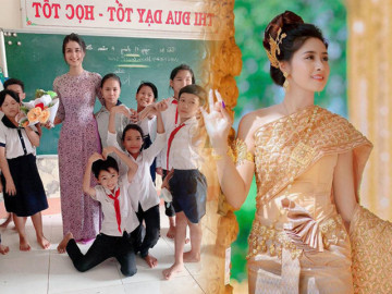Cô giáo người Khmer da trắng dáng thon, xinh như Hoa hậu, học sinh quây quần xin chụp ảnh