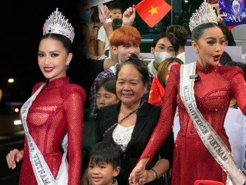 Ngọc Châu diện áo dài xuyên thấu, mẹ nàng mặc chiếc áo vía làm náo loạn sân bay ngày lên đường thi Miss Universe